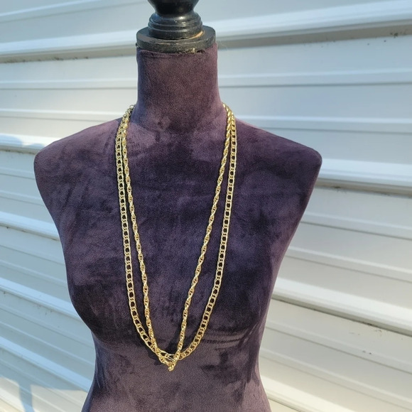 Double Necklace Gold Tone Chain Textured Link Long Unisex - Picture 1 of 8
